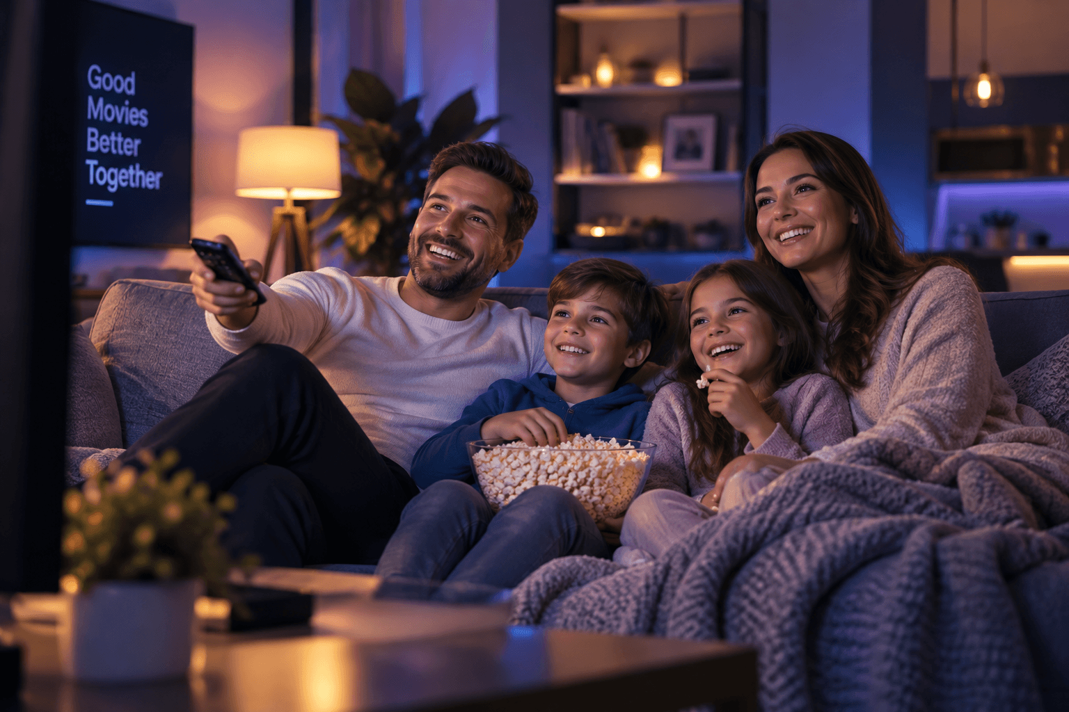 A family relaxing on the couch at home, streaming a movie together in the evening